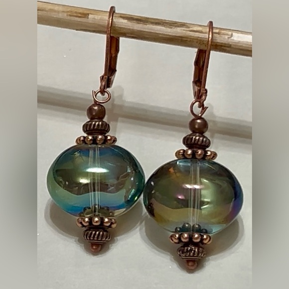 Hand Crafted Jewelry - Antique Copper and Iridescent Czech Glass Earrings